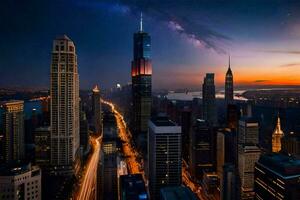 il città orizzonte a notte con il latteo nel il cielo. ai-generato foto