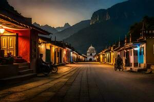 un' strada nel il montagne a notte con un' montagna nel il sfondo. ai-generato foto