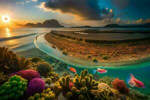 il sole imposta al di sopra di un' tropicale spiaggia con colorato coralli e pesce. ai-generato foto