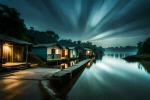 foto sfondo il cielo, acqua, Casa, il notte, il lago, il Casa, il. ai-generato