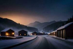 un' nevoso strada nel il montagne con case. ai-generato foto