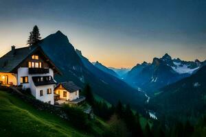 un' Casa nel il montagne a tramonto. ai-generato foto