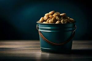 un' secchio pieno di arachidi su un' di legno tavolo. ai-generato foto