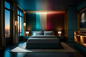 un' moderno Camera da letto con colorato luci. ai-generato foto