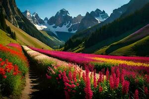 un' bellissimo campo di fiori con montagne nel il sfondo. ai-generato foto