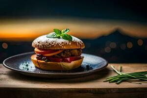 un' hamburger con verdure e erbe aromatiche su un' piatto. ai-generato foto