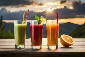 tre diverso succhi di frutta siamo seduta su un' tavolo con il sole ambientazione dietro a loro. ai-generato foto