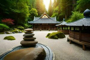 un' giapponese giardino con pietra pagoda e rocce. ai-generato foto