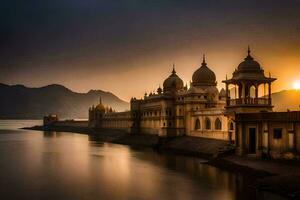 il sole imposta al di sopra di un' palazzo nel India. ai-generato foto