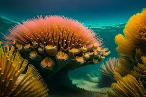 un' mare anemone e alcuni altro mare creature. ai-generato foto