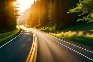 un' auto guida giù un' strada con il sole splendente. ai-generato foto