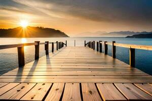 un' di legno bacino si estende in il acqua a tramonto. ai-generato foto