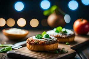 Due mini pizze su un' di legno taglio tavola. ai-generato foto