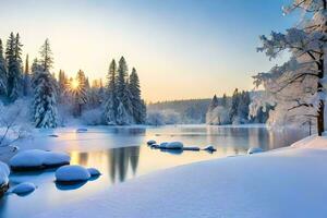 un' nevoso fiume nel il inverno. ai-generato foto