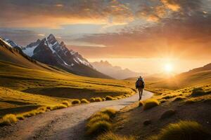 un' uomo passeggiate lungo un' sporco strada nel il montagne. ai-generato foto