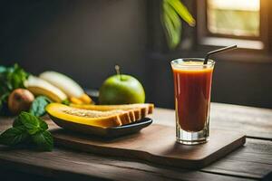 un' bicchiere di succo con frutta e verdure. ai-generato foto