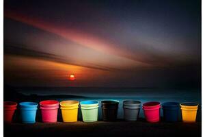 colorato tazze foderato su contro il tramonto. ai-generato foto