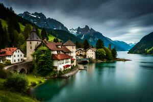 un' bellissimo lago e montagna villaggio nel il Alpi. ai-generato foto