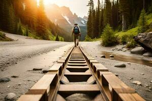 un' uomo a piedi su un' di legno traccia nel il montagne. ai-generato foto