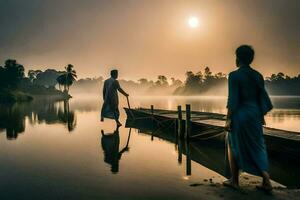 Due uomini a piedi attraverso un' fiume a Alba. ai-generato foto