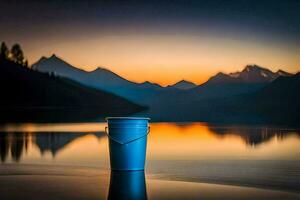 un' secchio si siede su il riva di un' lago a tramonto. ai-generato foto