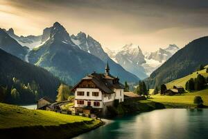 il Casa nel il montagne. ai-generato foto