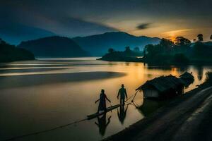 Due persone camminare attraverso un' fiume a tramonto. ai-generato foto