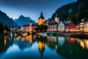 il cittadina di Hallstatt nel Austria è illuminato su a notte. ai-generato foto