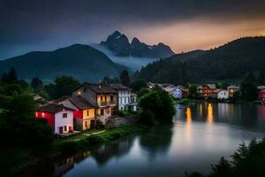 foto sfondo il cielo, montagne, fiume, Casa, il villaggio, il lago, il montagne. ai-generato