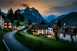 un' villaggio nel il Alpi a tramonto. ai-generato foto