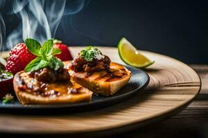 un' piatto con un' fetta di pane, fragole e un' fetta di lime. ai-generato foto