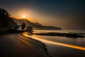 un' Casa su il spiaggia a tramonto. ai-generato foto