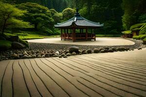 un' giapponese giardino con un' pagoda e rocce. ai-generato foto