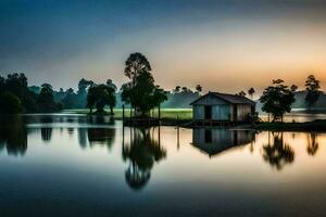 un' piccolo Casa si siede su il bordo di un' lago a tramonto. ai-generato foto