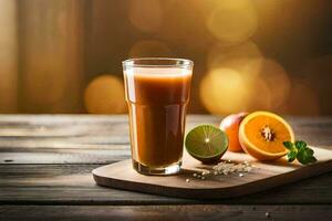 arancia succo nel un' bicchiere su un' di legno tavolo. ai-generato foto