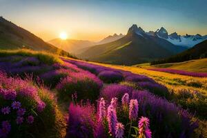 il sole sorge al di sopra di il montagne e fiori nel il primo piano. ai-generato foto