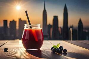 un' bicchiere di succo con un' cannuccia e frutti di bosco su un' tavolo nel davanti di un' paesaggio urbano. ai-generato foto