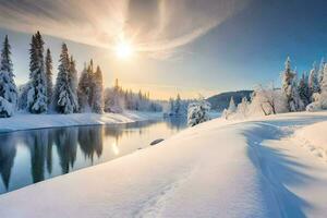 un' fiume nel il neve con alberi e neve. ai-generato foto