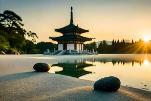 il sole sorge al di sopra di un' pagoda nel il mezzo di un' lago. ai-generato foto