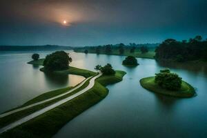 il Luna sorge al di sopra di un' lago nel il mezzo di un' campo. ai-generato foto