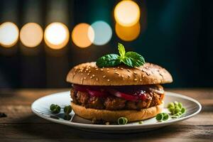 un' Hamburger con carne e verdure su un' piatto. ai-generato foto