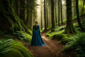 un' donna nel un' blu vestito a piedi attraverso un' foresta. ai-generato foto