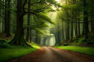 un' strada nel il mezzo di un' verde foresta. ai-generato foto