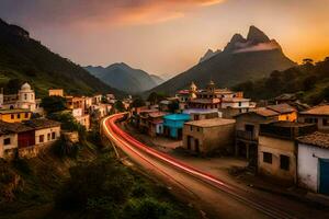 un' villaggio nel il montagne a tramonto. ai-generato foto