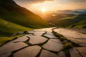 il sole sorge al di sopra di un' roccioso sentiero nel il montagne. ai-generato foto