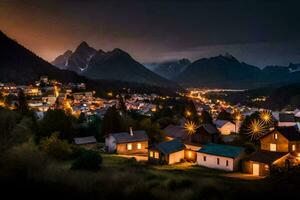 un' cittadina illuminato su a notte nel il montagne. ai-generato foto