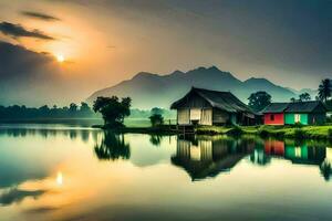 un' Casa si siede su il riva di un' lago a tramonto. ai-generato foto