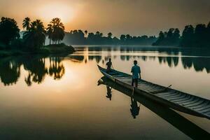 Due persone su un' barca nel il mezzo di un' lago a tramonto. ai-generato foto