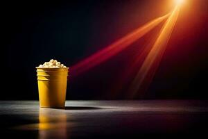 un' tazza di Popcorn su un' tavolo con un' riflettore. ai-generato foto
