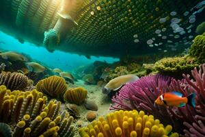 un' corallo scogliera con anemoni e clown pesce. ai-generato foto